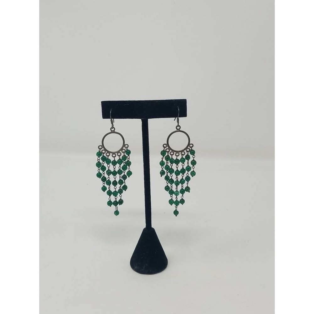 Vtg green Jade beaded chandelier earrings